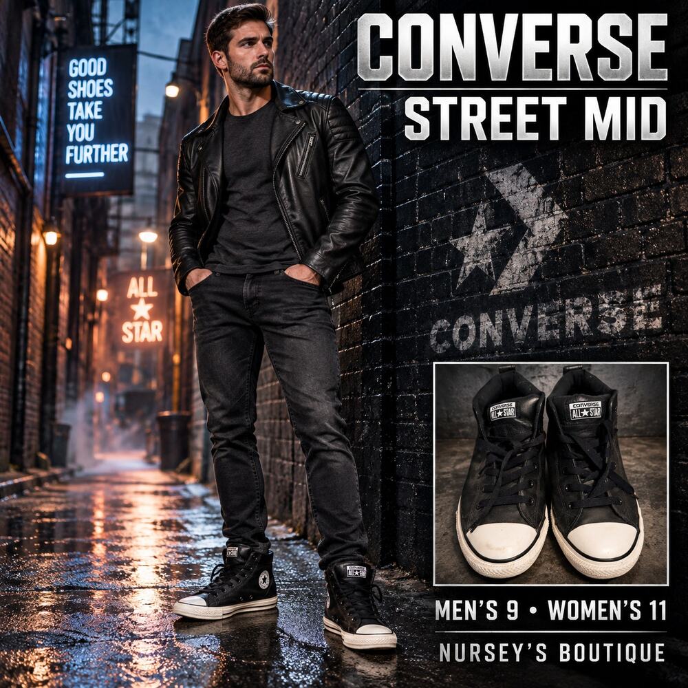Converse Chuck Taylor Street Mid 143727C Black Leather High Top Mens 9 Womens 11
